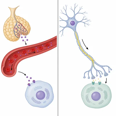 Comparison of endocrine hormones traveling in blood versus a nerve signal traveling along a neuron.