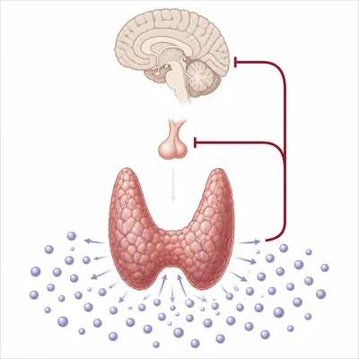 High thyroid hormone strongly inhibits pituitary signaling, resulting in low pituitary output.