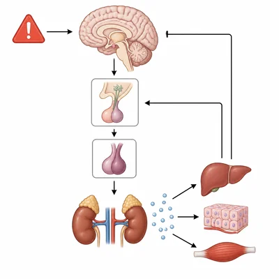 Stress response pathway showing brain signals to adrenal glands, cortisol release, and negative feedback.