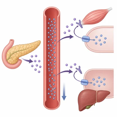 Insulin helps move glucose from the blood into body cells after blood sugar rises.
