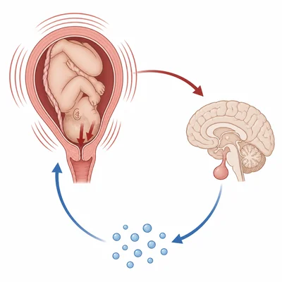 Childbirth feedback loop showing cervix pressure, oxytocin release, and stronger uterine contractions.