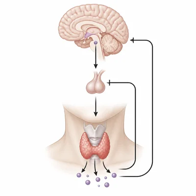 Thyroid hormone pathway with negative feedback to the hypothalamus and pituitary.
