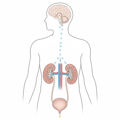 Dehydration response showing signals to kidneys, increased water reabsorption, and a small amount of concentrated urine.