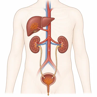 Pathway of urea from liver through blood to kidneys, bladder, and out of the body.