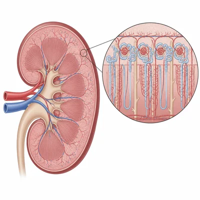 Kidney cross-section with magnified view showing many nephrons.