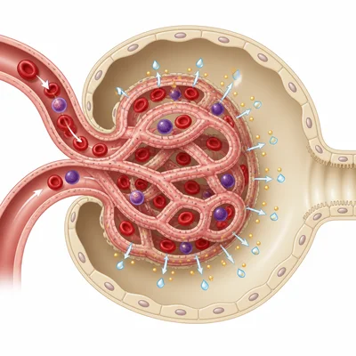 Filtration in the glomerulus with small particles entering Bowman's capsule while larger particles stay in blood.
