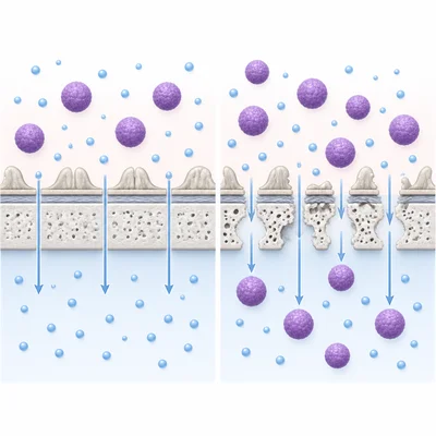 Intact versus damaged kidney filtration membrane showing protein leakage through damaged gaps.