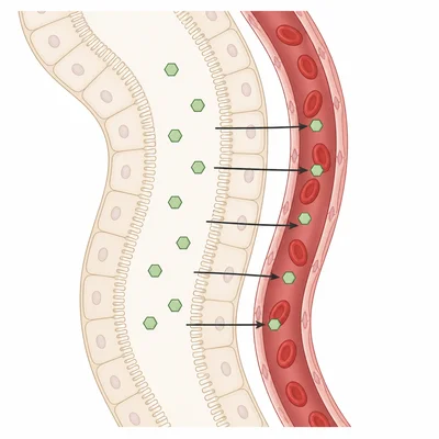 Glucose molecules moving from nephron filtrate back into a blood capillary.
