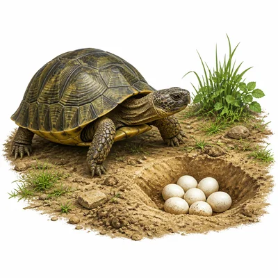 A turtle on land near eggs in a sandy nest.