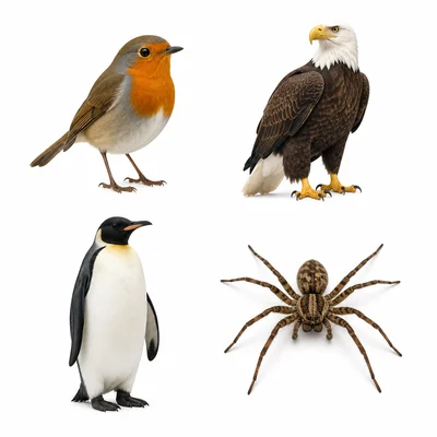 A robin, eagle, penguin, and spider shown separately.