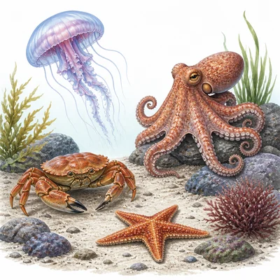 Aquatic invertebrates including a jellyfish, crab, sea star, and octopus.