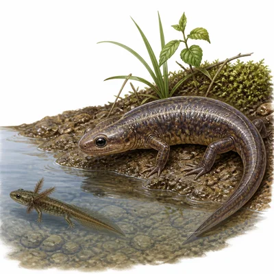A salamander larva in water and an adult salamander on wet land.