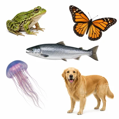 A frog, butterfly, salmon, jellyfish, and dog shown as separate animals.