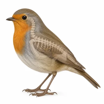A bird with feathers, wings, a beak, and a visible backbone.