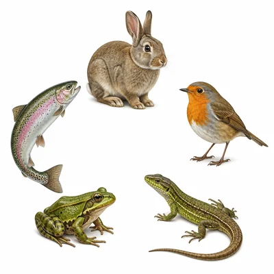 Representative vertebrates: a rabbit, robin, lizard, frog, and fish.