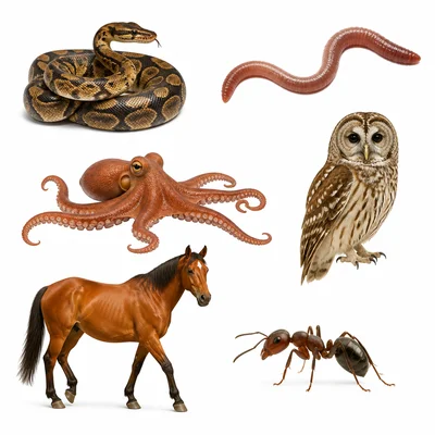A snake, earthworm, owl, octopus, horse, and ant.