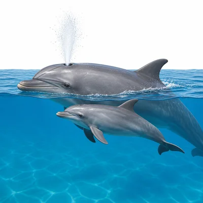 An adult dolphin and calf at the ocean surface.