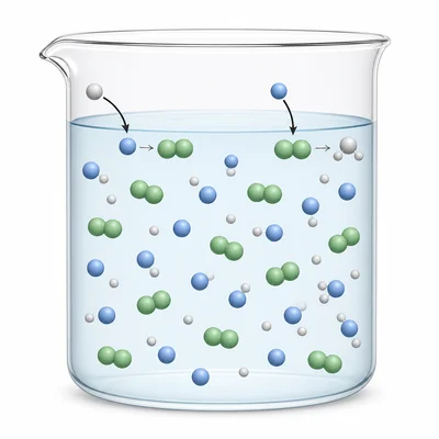 Particle model of a buffer solution with weak acid and conjugate base particles neutralizing added acid and base.