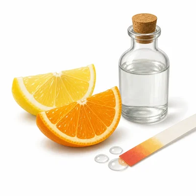 Lemon, orange, and vinegar shown with reddish pH paper indicating acids.