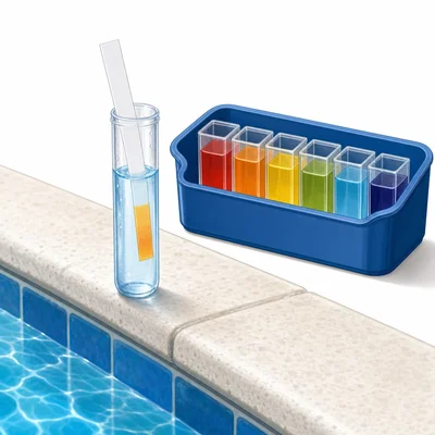 Pool water being tested with a pH strip that shows acidic color.