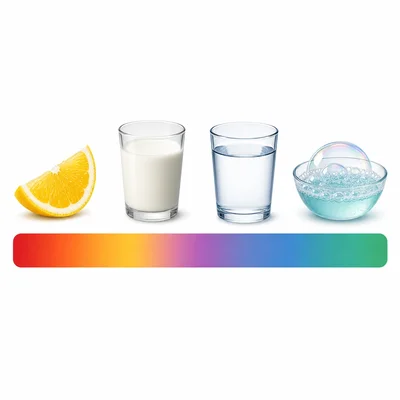 Lemon juice, milk, water, and soap solution arranged along a pH color gradient.