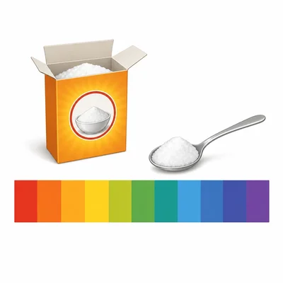 Baking soda powder shown near the basic side of a color pH strip.