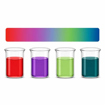 Four beakers placed along a color pH gradient from acidic to basic.