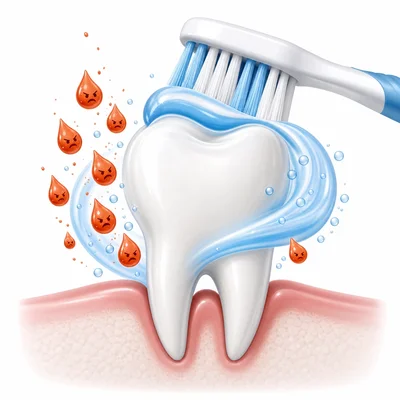Toothpaste on a toothbrush neutralizing acid droplets around a tooth.