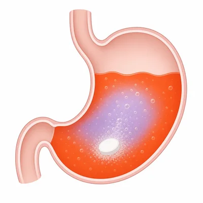 An antacid tablet dissolving in stomach acid and neutralizing it.