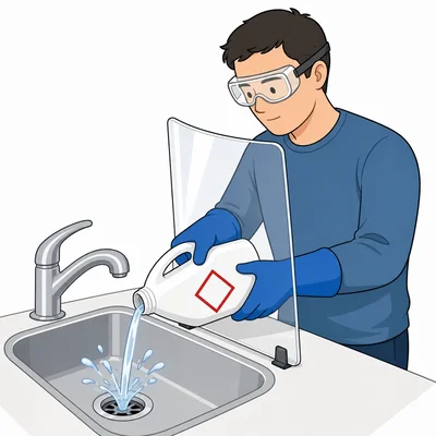 A person wearing goggles and gloves while carefully handling drain cleaner.