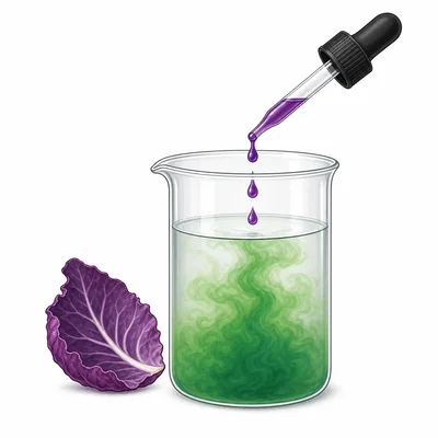 Red cabbage indicator turning green in a beaker of mystery liquid.