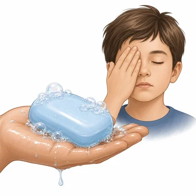Soap with water and bubbles on a hand, with a reminder to avoid eyes.