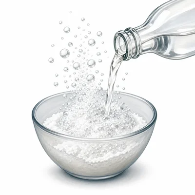 Baking soda and vinegar fizzing with bubbles as gas forms.