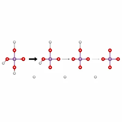 Triprotic acid dissociation shown as three proton-release steps with decreasing arrow strength.