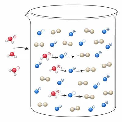 Particle model of a buffer consuming added acid by converting conjugate base into weak acid.