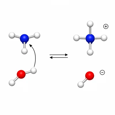 Molecular proton transfer from water to ammonia forming ammonium and hydroxide.