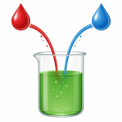 An acid and a base mixing to form a green neutral solution.