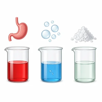 Stomach acid, soap solution, and salt water shown as acid, base, and neutral examples.