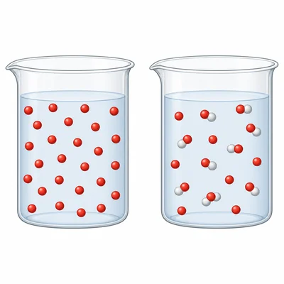 Particle models comparing a strong acid with many separated particles and a weak acid with fewer separated particles.