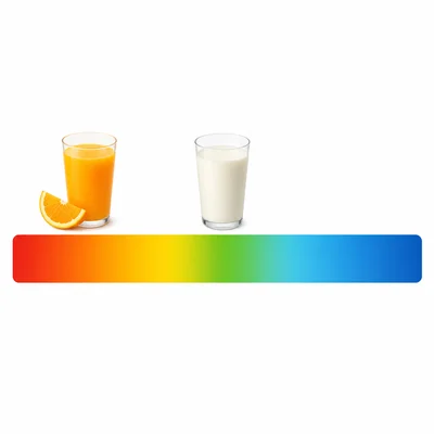 Orange juice and milk placed on a pH scale, with milk closer to neutral.