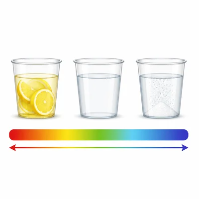 Lemon juice, water, and baking soda solution arranged from acidic to basic on a color scale.