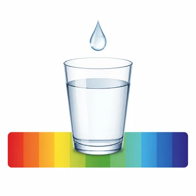 A glass of water centered on the green neutral part of a pH scale.