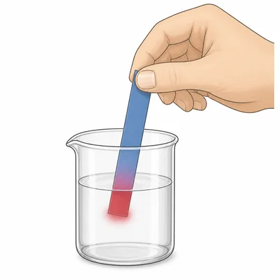 Blue litmus paper turning red after being dipped into a liquid.
