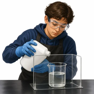 A student wearing goggles and gloves while handling a cleaning solution safely.