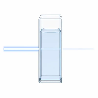 Light beam passing through a colored solution in a cuvette, illustrating absorbance path length.