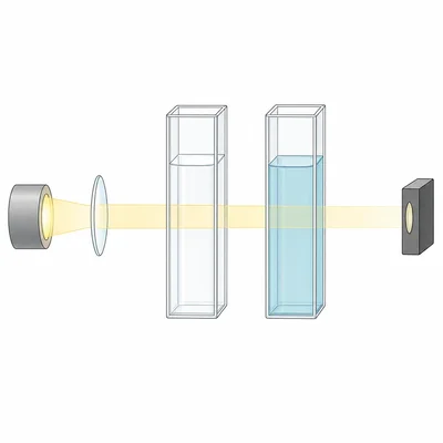 Blank and sample cuvettes used with light beams in a spectrophotometer.
