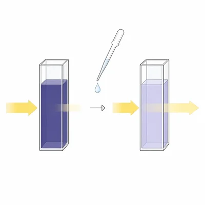 Dark solution diluted to a lighter solution, allowing more light to pass through a cuvette.