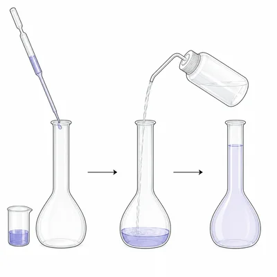 A measured sample is diluted with solvent in a volumetric flask.