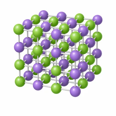 Alternating colored spheres arranged in a crystal lattice.