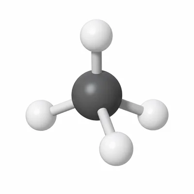 Methane molecule with one central atom bonded to four smaller atoms.